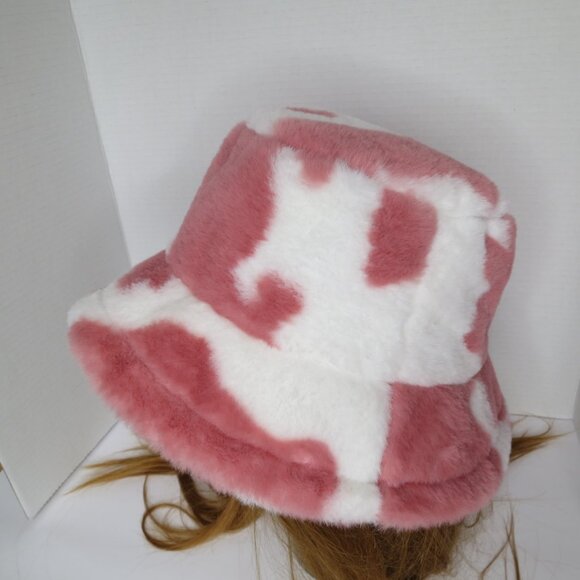 Pink and White Cow Print Faux Fur Fuzzy Bucket Hat - Picture 4 of 6
